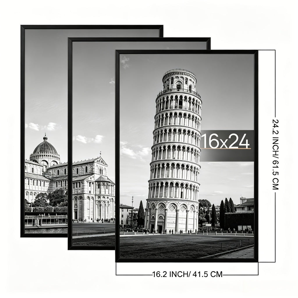 Three-Piece 16 x 24-Inch Poster Frame Set in Black, Golden or Natural Finish for Vertical or Horizontal Walls