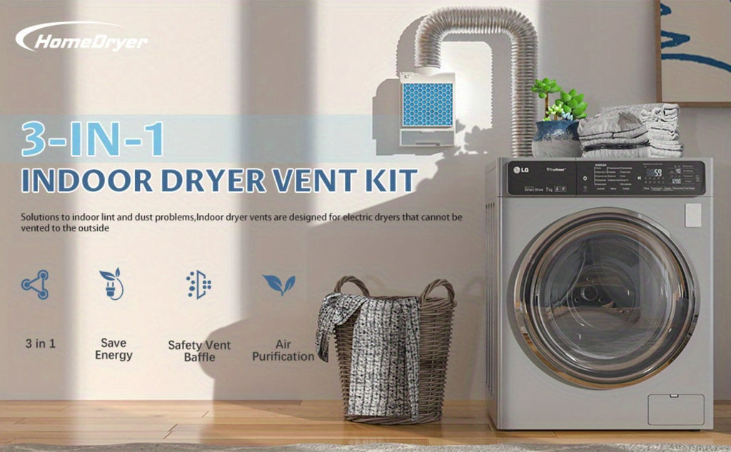 Indoor Dryer Vent Kit 3-in-1 Lint Trap Filter Box Stainless Steel Screen 6 Polyester Filters Reusable Washable Reduces Moisture Prevents