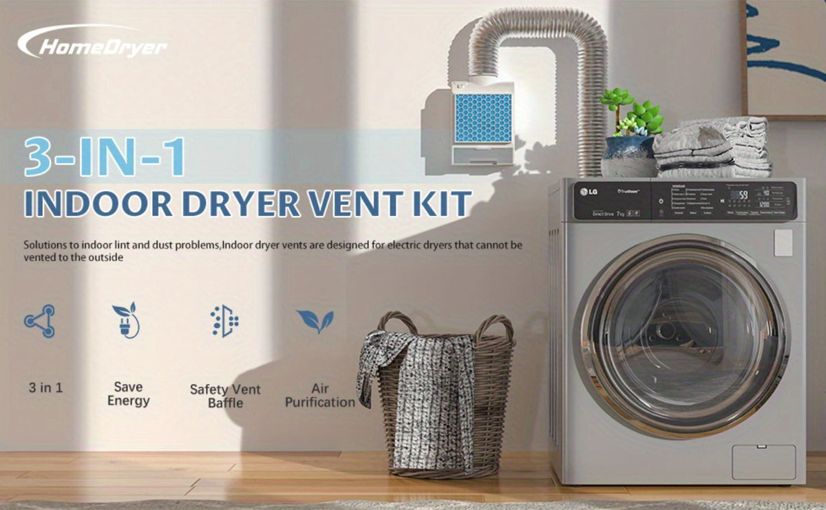 Indoor Dryer Vent Kit 3-in-1 Lint Trap Filter Box Stainless Steel Screen 6 Polyester Filters Reusable Washable Reduces Moisture Prevents