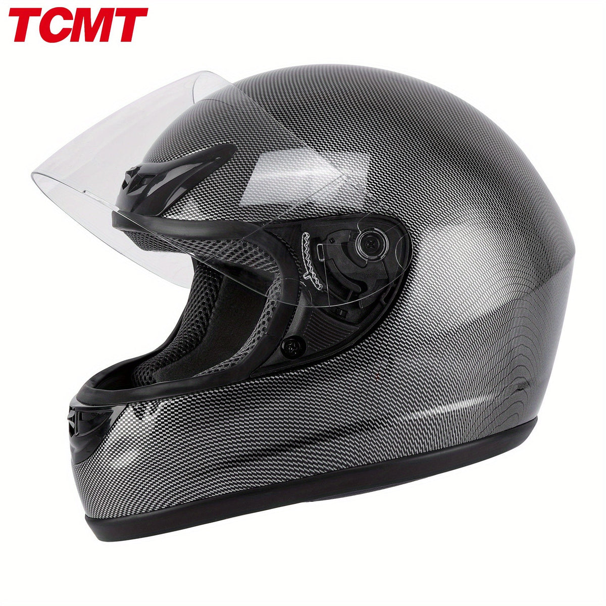 Motorcycle Helmet TCMT Full-Face Black Shell with Clear Shield, S-XL Size Chart, Interior Padding and Rear Vents