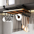 Under Cabinet Organizer Rack with Hooks, Carbon Steel Kitchen Shelf for Utensils, Towels, Cups & Cutting Boards