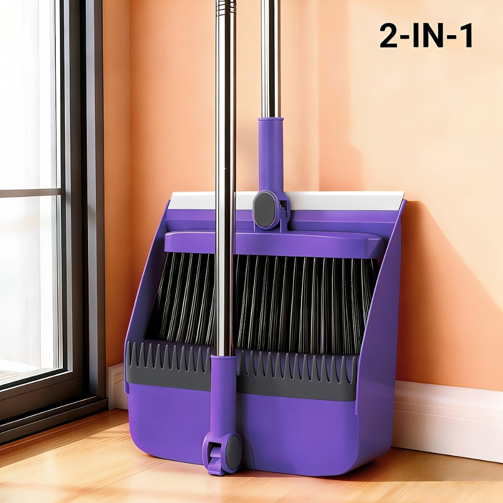 Long-Handle Broom and Dustpan Cleaning Set with Comb Teeth in Blue, Orange, White, Purple or Green