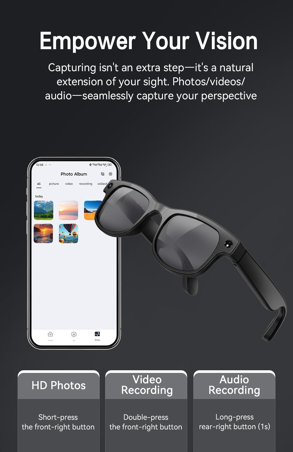 Smart Glasses with Camera and Bluetooth, 8MP Camera Eyewear with HD Video, Translation, Object Recognition