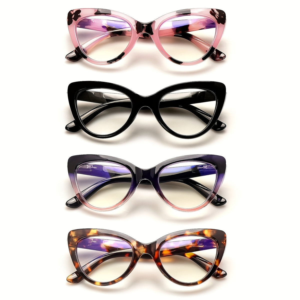 Reading Glasses – Four-Pair Cat-Eye Reader Set with Leopard and Gradient Frames with Multiple Strength and Color Options