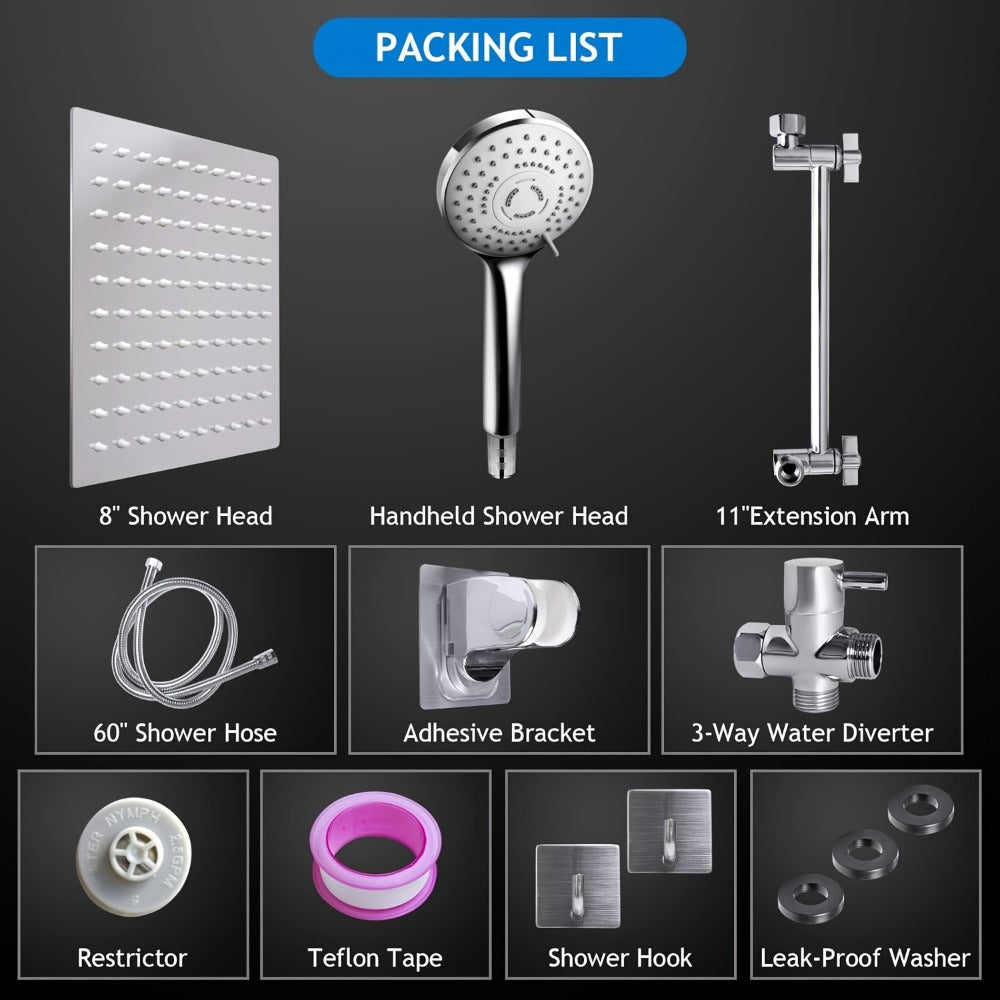 High Pressure Rainfall Handheld Shower Head Combo, 11-Inch Extension Arm, 9 Settings, 180° Adjustable, Anti-Leak with Holder