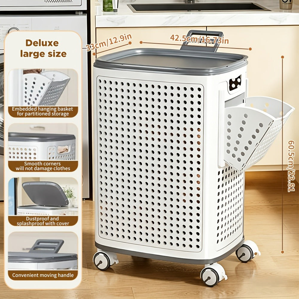 Wheeled Laundry Hamper Large Foldable with Dividers & Dust-Proof Lid – 360° Breathable Mesh Basket on Wheels, Reinforced Steel Base