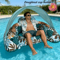 Tropical Leaf Inflatable Pool Lounger with Canopy, Cup Holder, Two Donut Drink Rings and Green or Blue Options