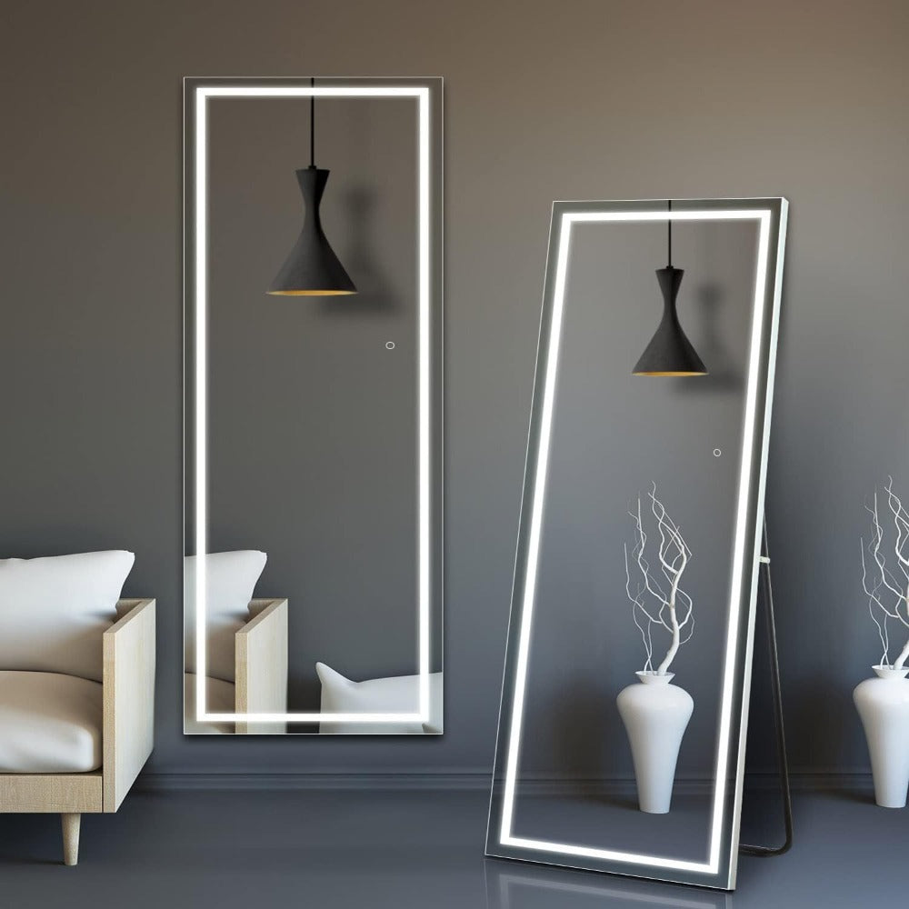 Full Length Mirror with LED Lights & Touch Sensor, 64"x21" Dimmable Smart Floor Mirror, Wall Mount or Freestanding