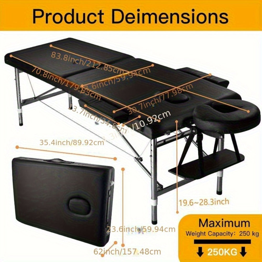 Portable Massage Table Foldable Aluminum Spa Bed, 3-Fold Adjustable Height 24" Wide Padded Treatment Bed
