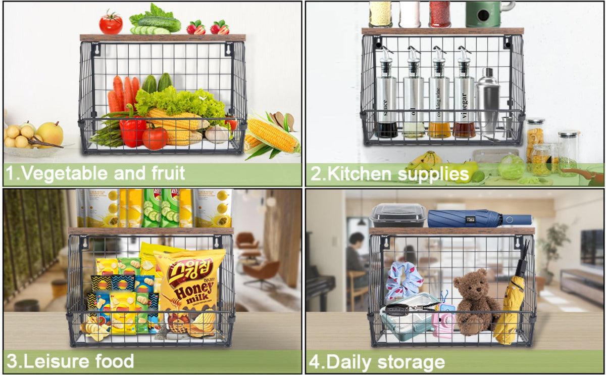 Wall-Mounted Fruit Basket with Wooden Cover – 2-Tier Metal Kitchen Storage Basket with Hooks, Stackable Hanging Organizer for Potatoes