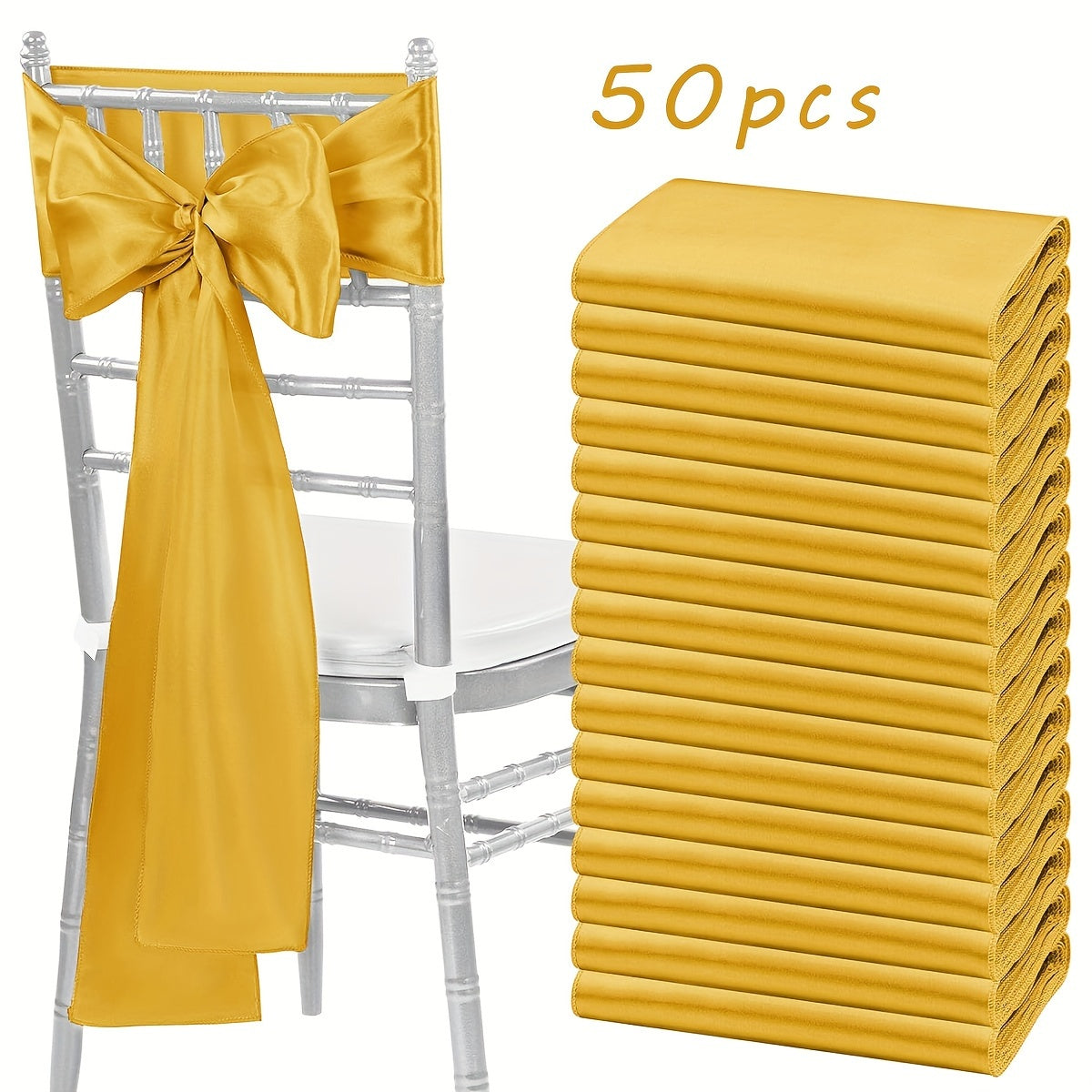 Satin Chair Sashes Bows 50pcs, 7x108 Inch Chair Waist Belt Bow Ties for Wedding Reception, Banquet