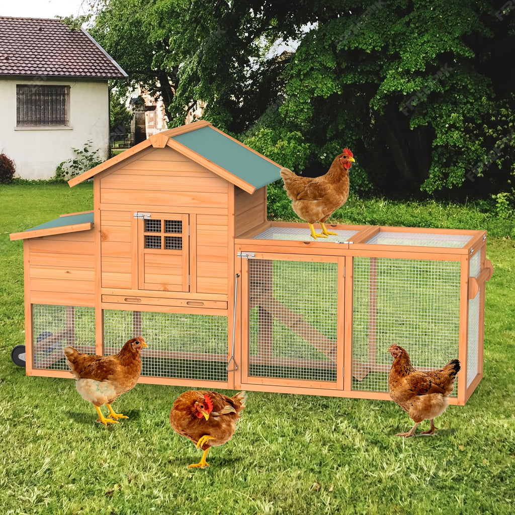 Portable Wooden Chicken Coop with Wheels, Nest Box and Wood Roof or Sunshine Board Run Option