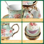 20-Piece Floral Ceramic Tea Set with Saucers & Metal Stand, European Afternoon Tea Service, Blooming Design