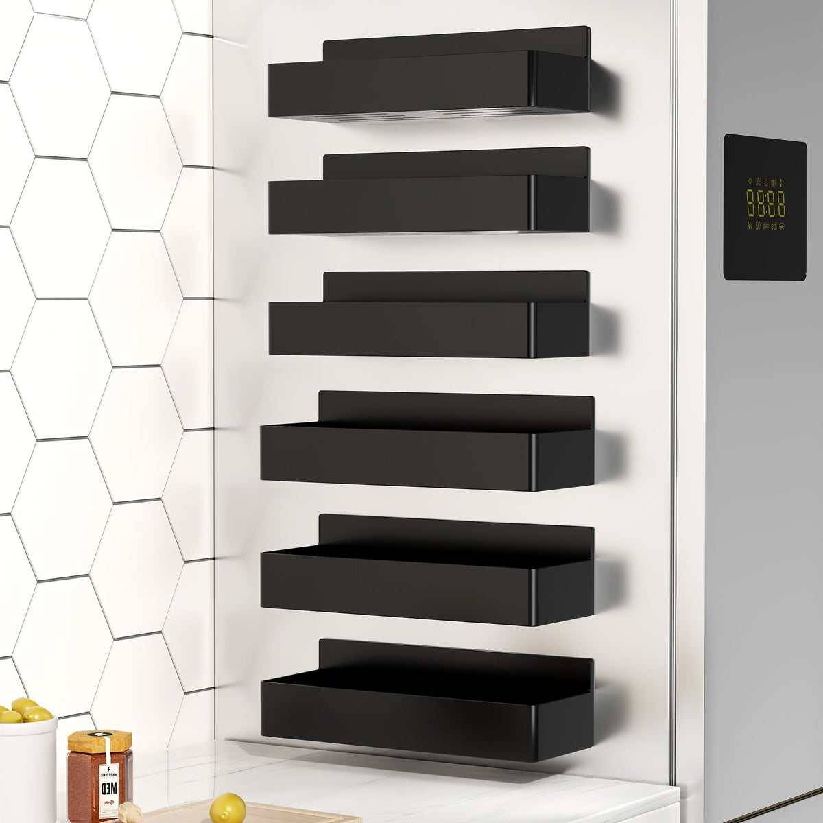Magnetic Spice Rack Wall Mounted No Drill 6-Piece Set Magnetic Storage Shelf for Home Cooking, Dining and Outdoor Meals