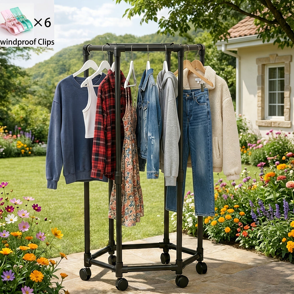 Four-Sided Rolling Clothing Rack in Black or White with One- and Two-Layer Hanging Configurations