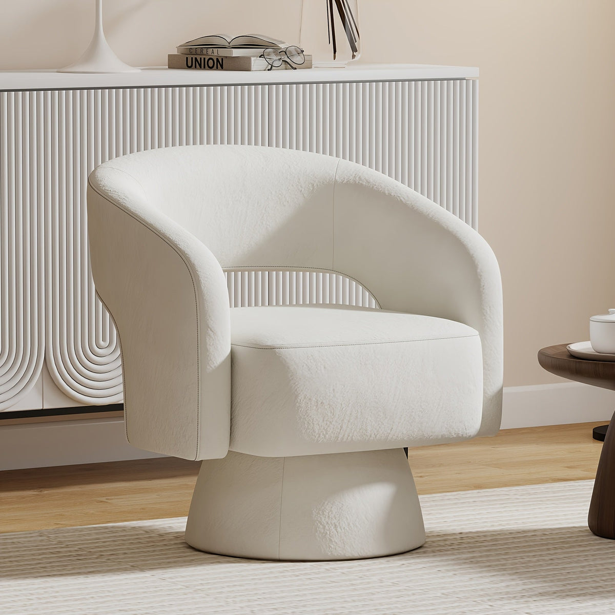 Round 360-Degree Swivel Barrel Chair with Open Back, Pedestal Base and Five Textured Upholstery Colors