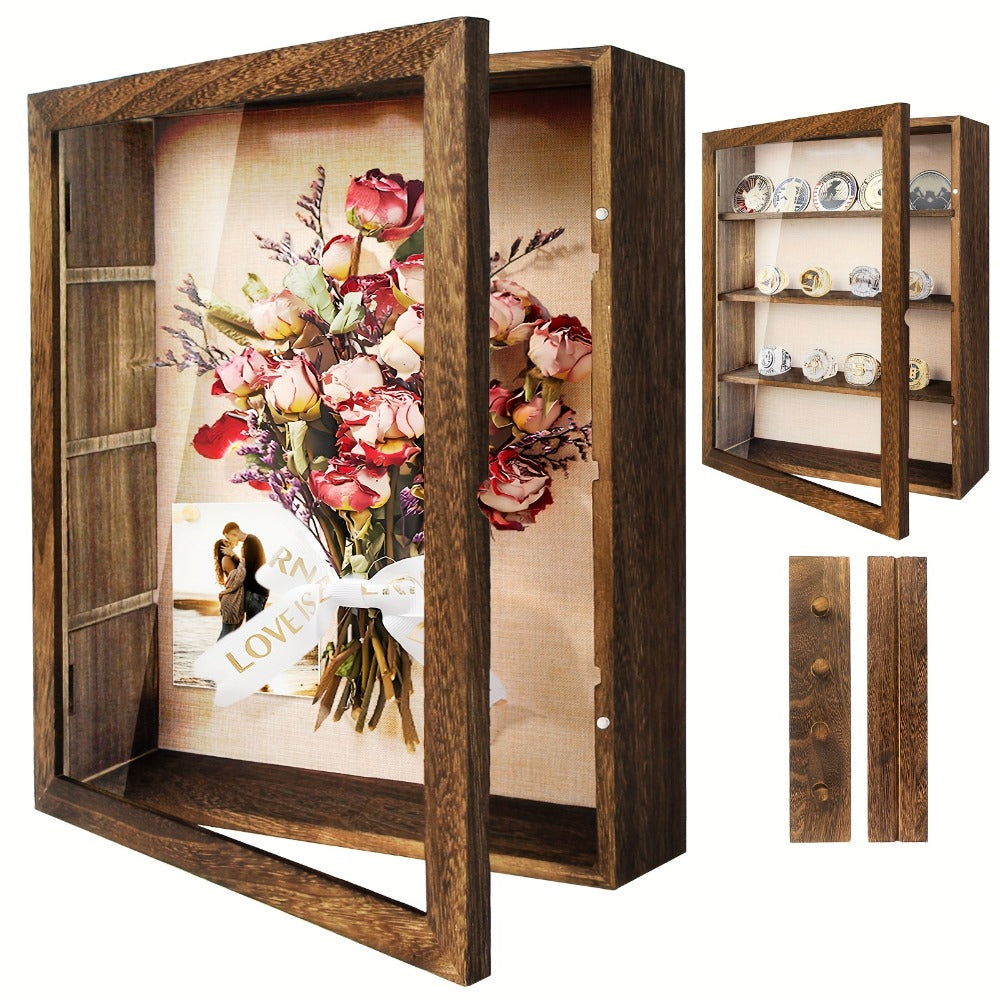 Shadow Box Frame 11x14 Large Memory Display Case with Linen Back – 4 Removable Shelves for Medals, Coins, Rings, Pins