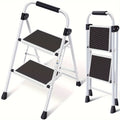 Two-Step Folding Step Ladder in White or Red with Wide Tread Platforms and Curved Safety Handle