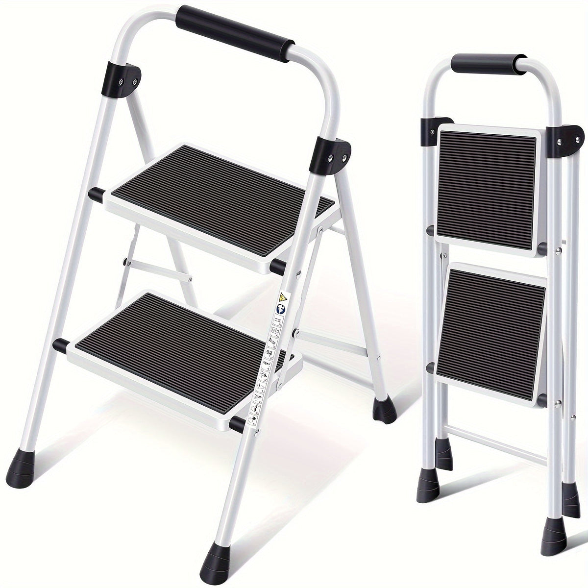Two-Step Folding Step Ladder in White or Red with Wide Tread Platforms and Curved Safety Handle