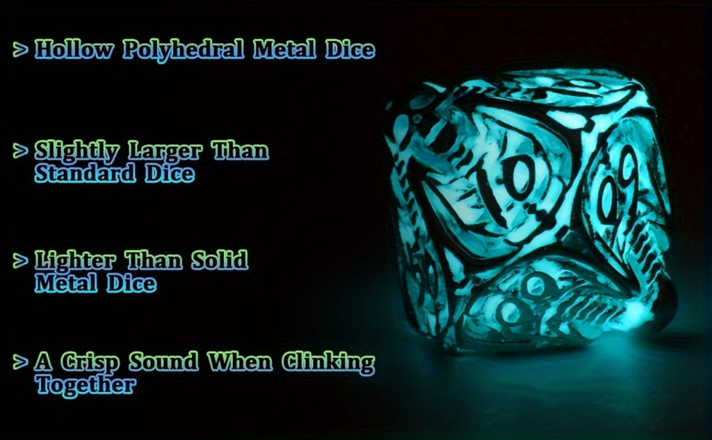 Metal Skull Dice Set 7pcs Glow in the Dark, Hollow UV Fluorescent Polyhedral DnD RPG Dice for Dungeon Masters