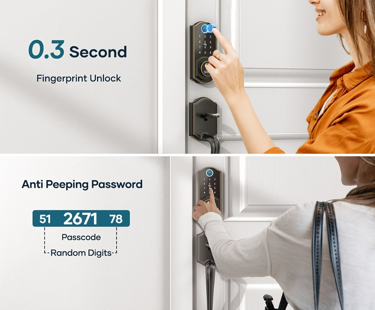 Smart Door Lock SMONET Fingerprint Keypad Bluetooth Deadbolt Handle Set in Bronze Black or Silver