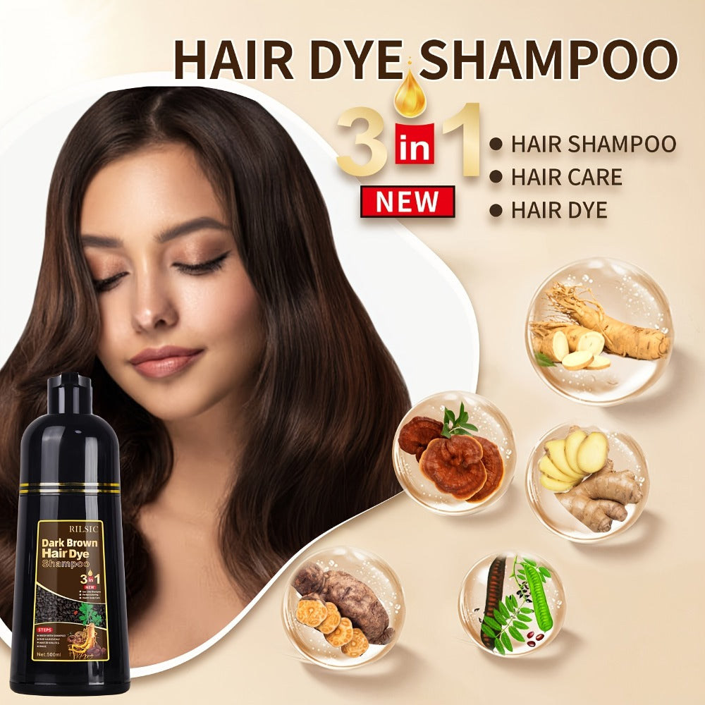 Grey Hair Dye Shampoo 3-in-1 Natural Plant-Based Herbal Formula – Non-Stick Scalp, Covers White Hair in Minutes, 500ml – Black, Dark Brown