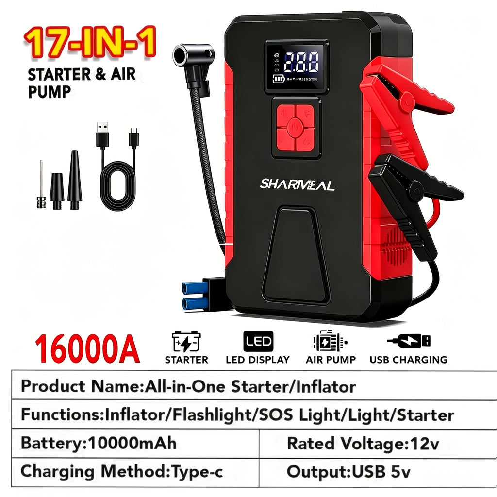Portable Jump Starter with Air Compressor – 15000A-19000A Peak 350PSI 12V 17-in-1 Car Battery Jump Starter, Digital Display