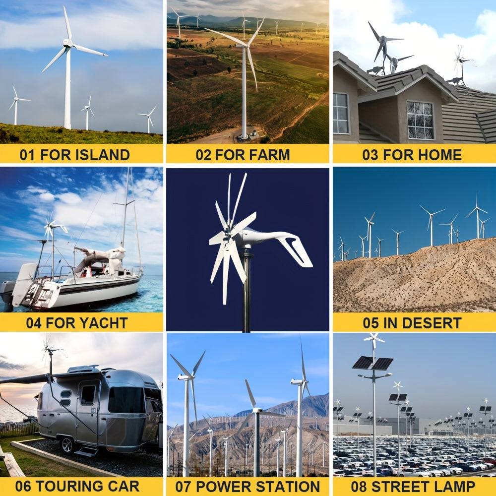 Wind Turbine Generator 1000W 12V/24V, 8-Blade MPPT Controller Kit, Coreless Magnet Home Rooftop Off-Grid Power System Windmill