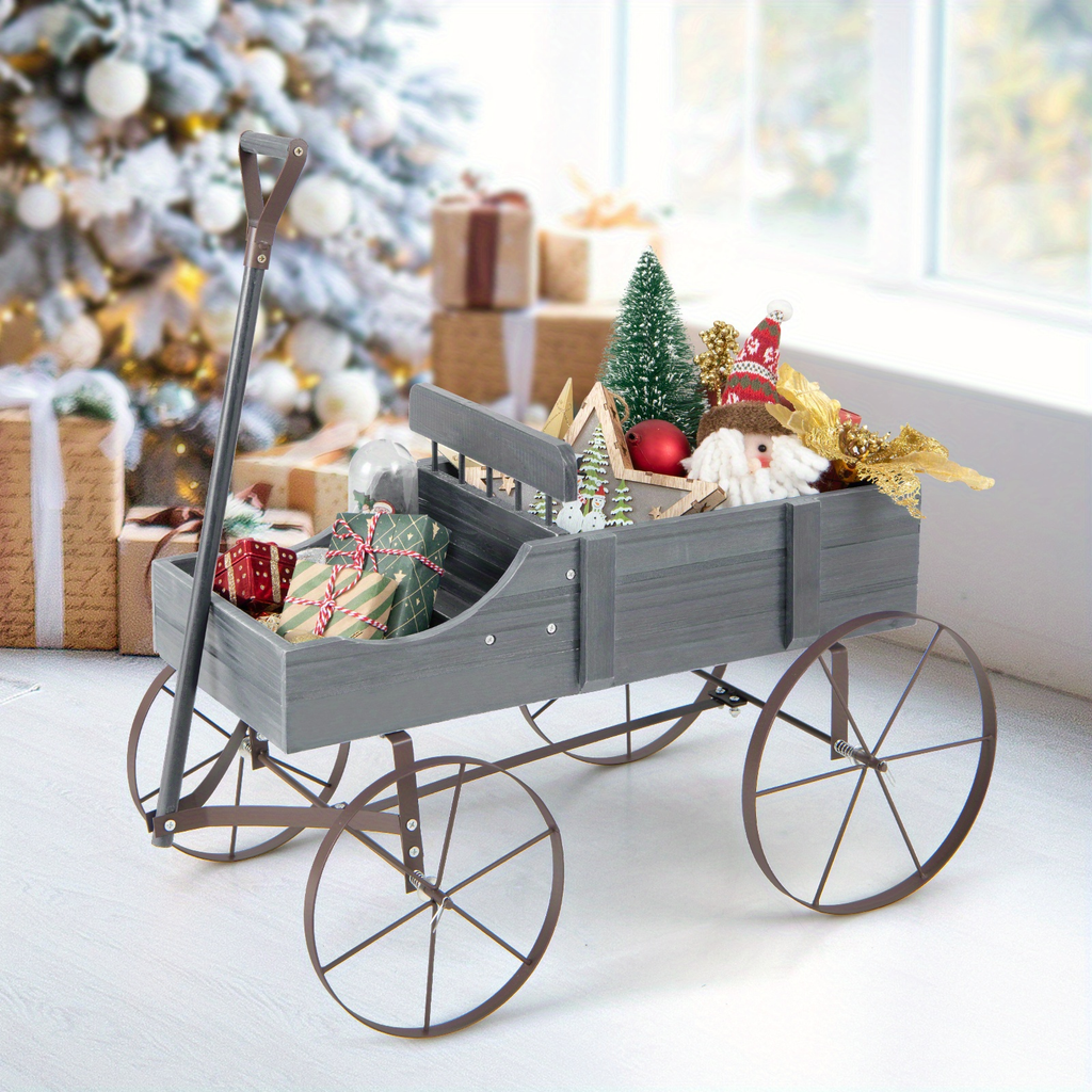 Garden Wagon Planter with Wheels – Rustic Fir Wood, 2-Section Planting Bed