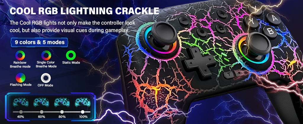 Switch Pro Controller Wireless RGB Rechargeable with 6-Axis Gyro & 10 RGB Lights, Compatible with Nintendo Switch