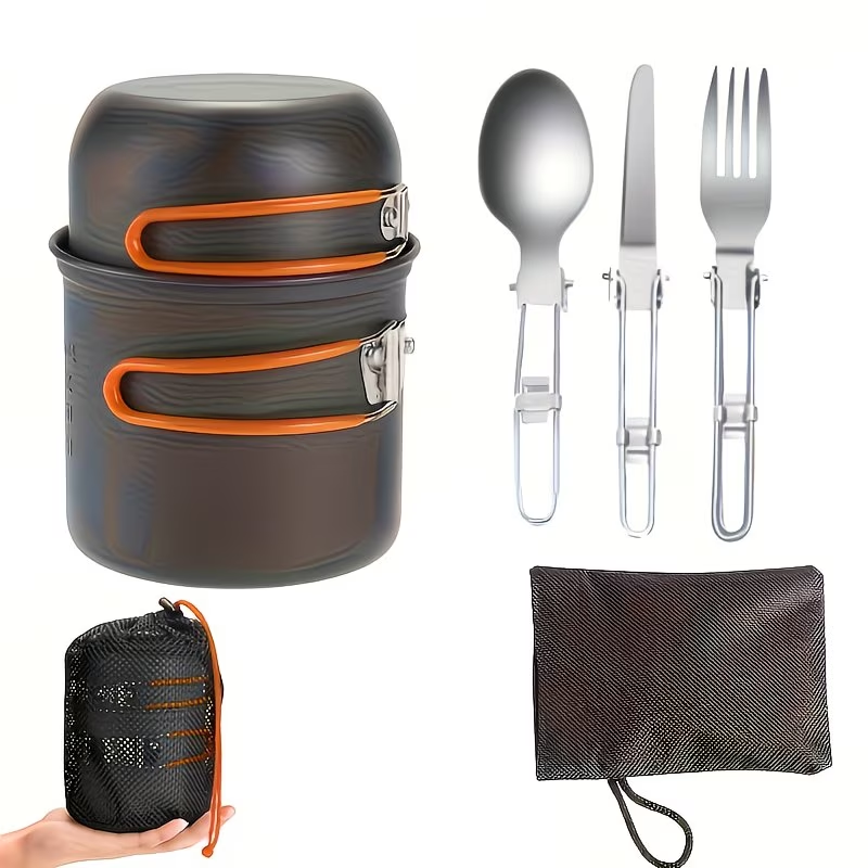 Portable Camping Cookware Set with Double Pot & Utensils – Lightweight Open Fire Cooking Kit with Forks Knives Spoons