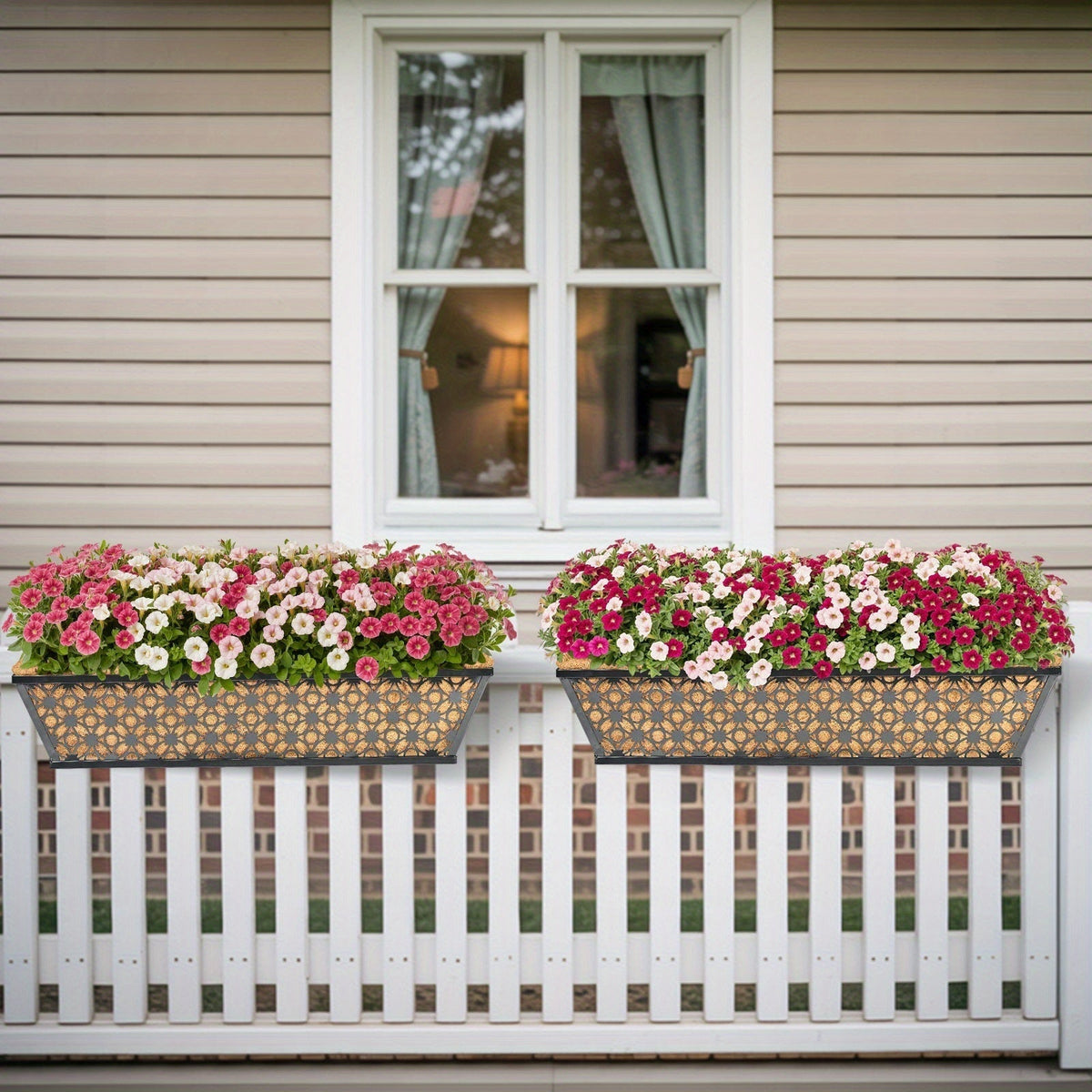 Window Box Planter 24 Inch with Coco Liner Adjustable Railing Brackets Cast Iron Flower Box for Porch Fence Balcony Patio Outdoor Garden