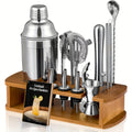 Cocktail Shaker Tool Set with Bamboo-Look Organizer, Jigger, Strainer, Muddler and Pouring Accessories
