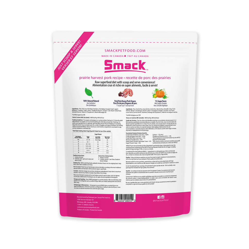 Prairie Harvest Pork raw dehydrated dog food 2.5kg bag back view with feeding instructions