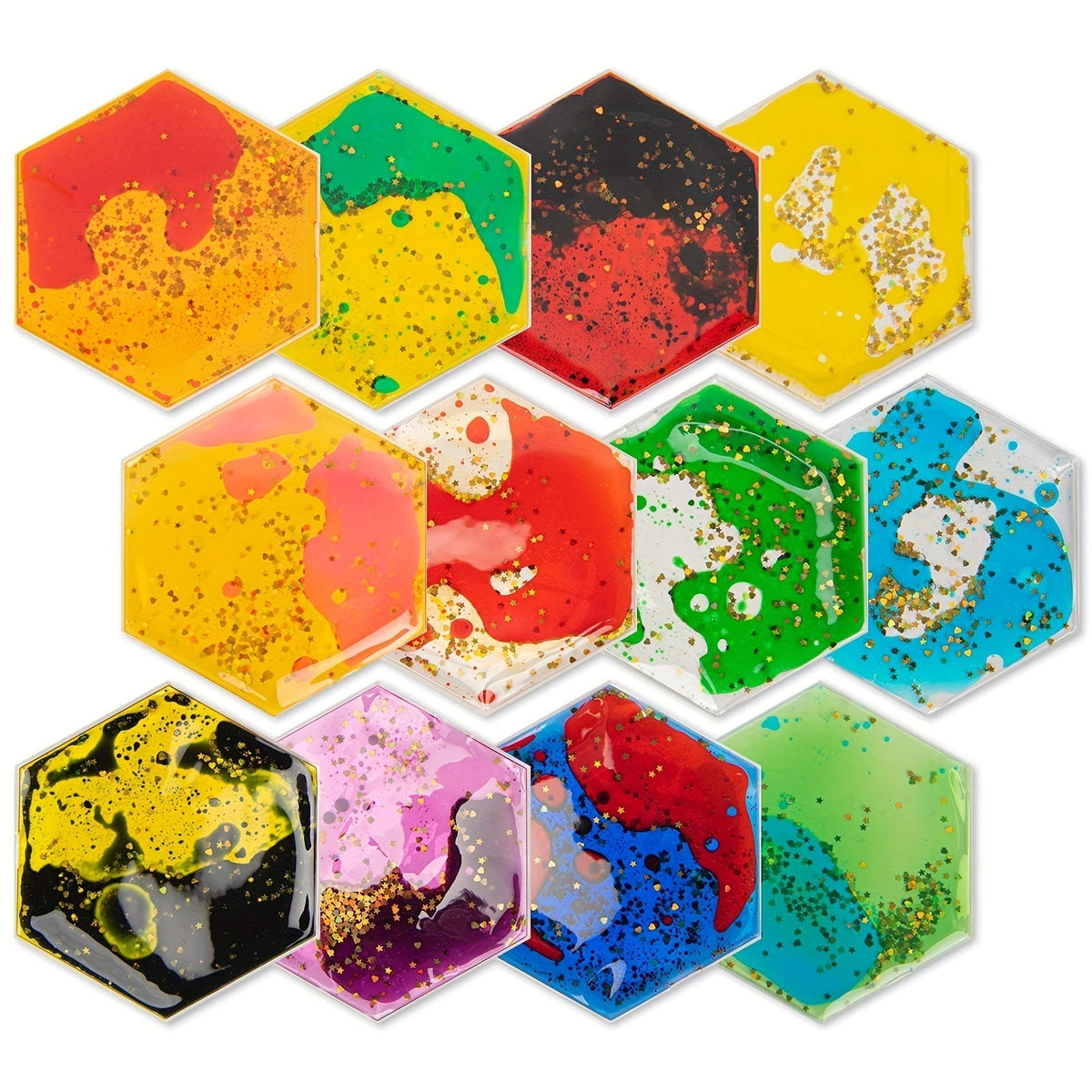 12-Piece Liquid-Filled Flexible Tile Set in Square or Hexagon Shapes for Wall or Floor Display