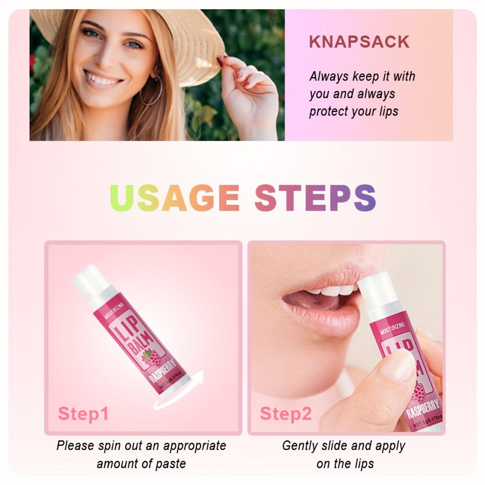 12-Piece Tube Lip Balm Set with 12 Pictured Fruit and Botanical Flavor Labels in a Display Box