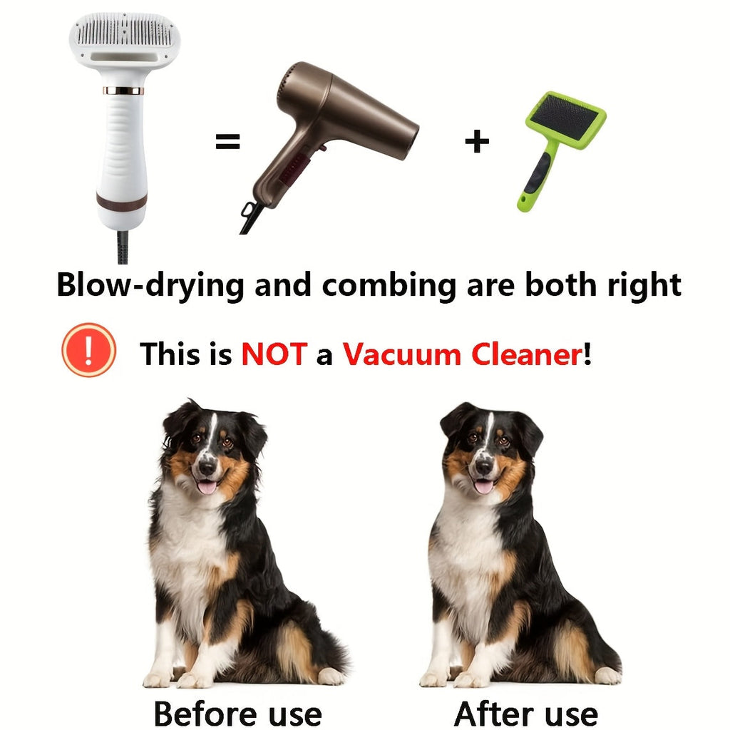Pet Hair Dryer 2-in-1 with Self-Cleaning Slicker Brush – Portable Dog Blow Dryer for Dogs & Cats, 3 Temperature Settings, Low Noise