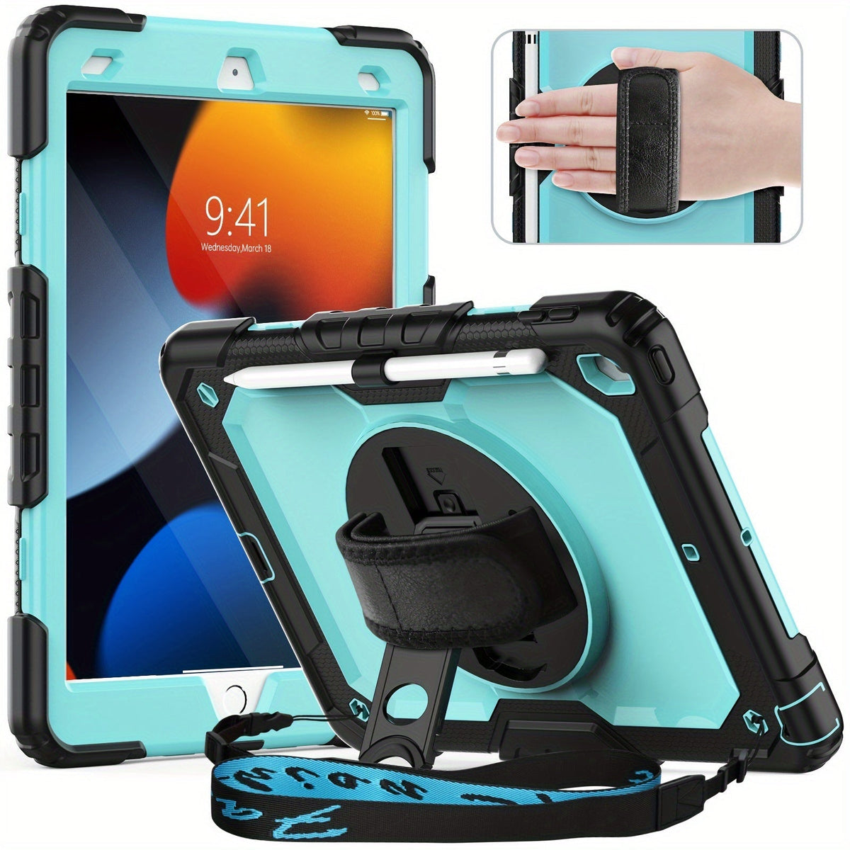 iPad 10.2-Inch 7th, 8th and 9th Generation Tablet Case with Rotating Stand, Hand Strap and Seven Colors