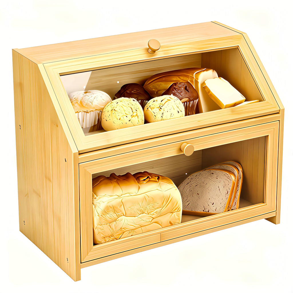 Bread Box for Kitchen Countertop, Large Bread Storage Container with Transparent Window, Multi-Layer Design for Loaves