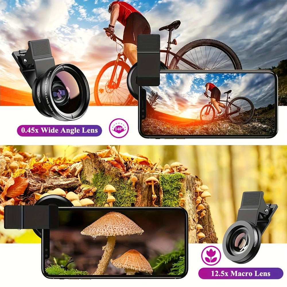 Clip-On Phone Lens Kit 2-in-1 – 0.45x HD Wide Angle & 12.5x Super Macro Lens for iPhone & Android, Universal Smartphone Camera Upgrade