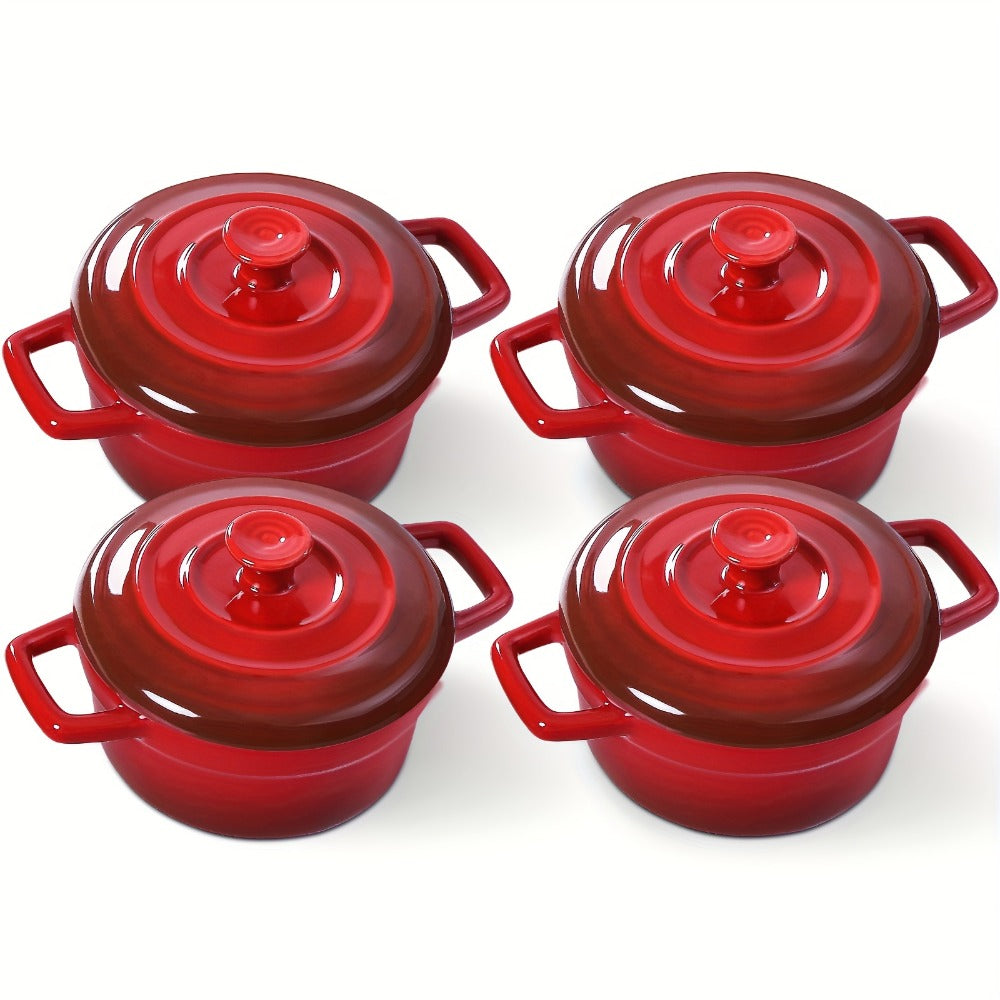 Mini Cocotte Ceramic Casserole Dishes Set of 4 with Lids and Handles - 12oz Baking Ramekins Microwave Cookware