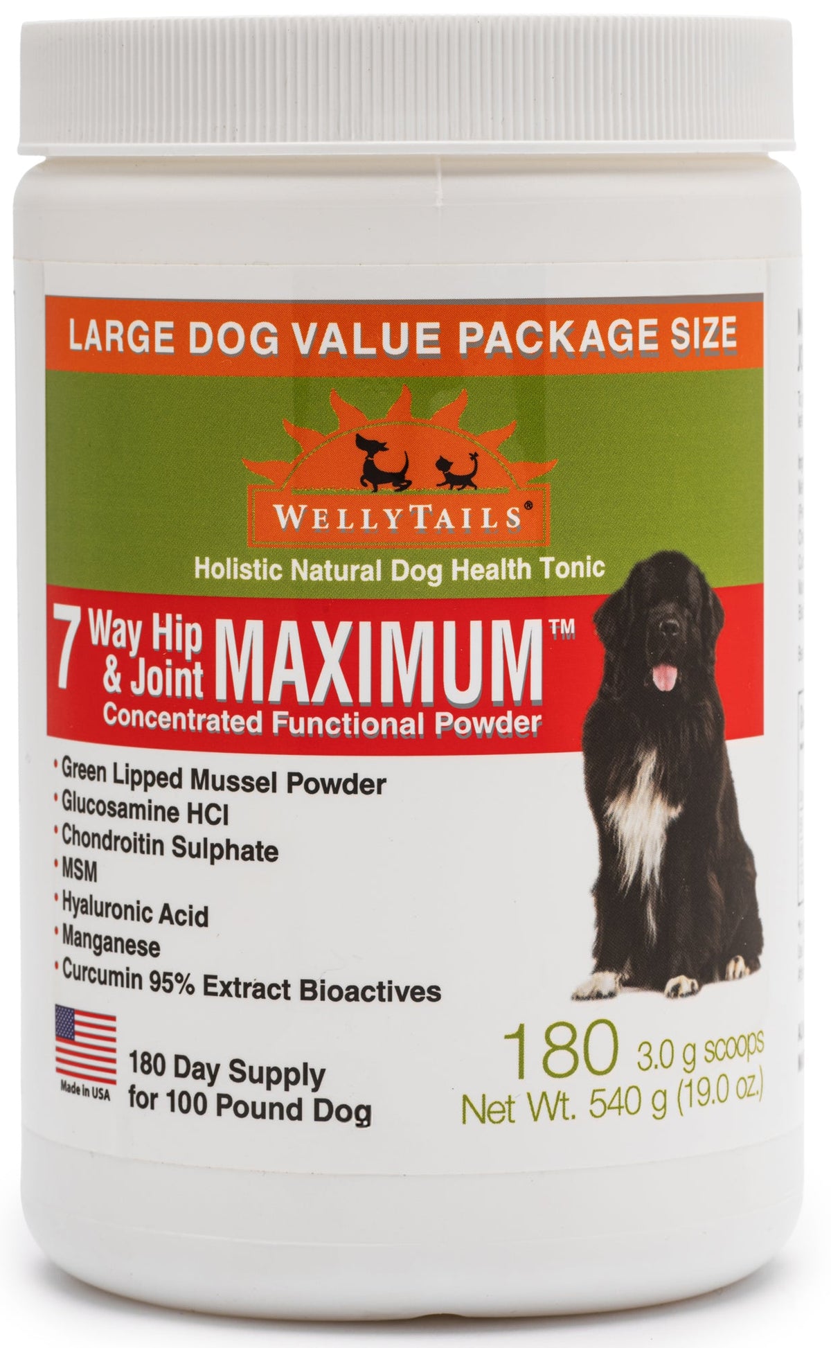 White plastic jar of WELLYTAILS 7 Way Hip & Joint MAXIMUM powder with a black dog on the label. Net Wt. 540 g.