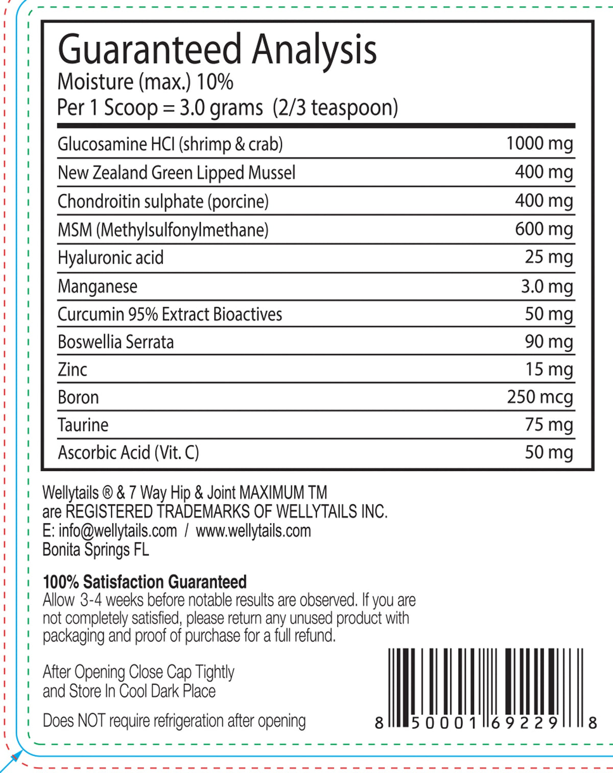 White rectangular label for Wellytails 7 Way Hip & Joint MAXIMUM with a Guaranteed Analysis table and barcode.