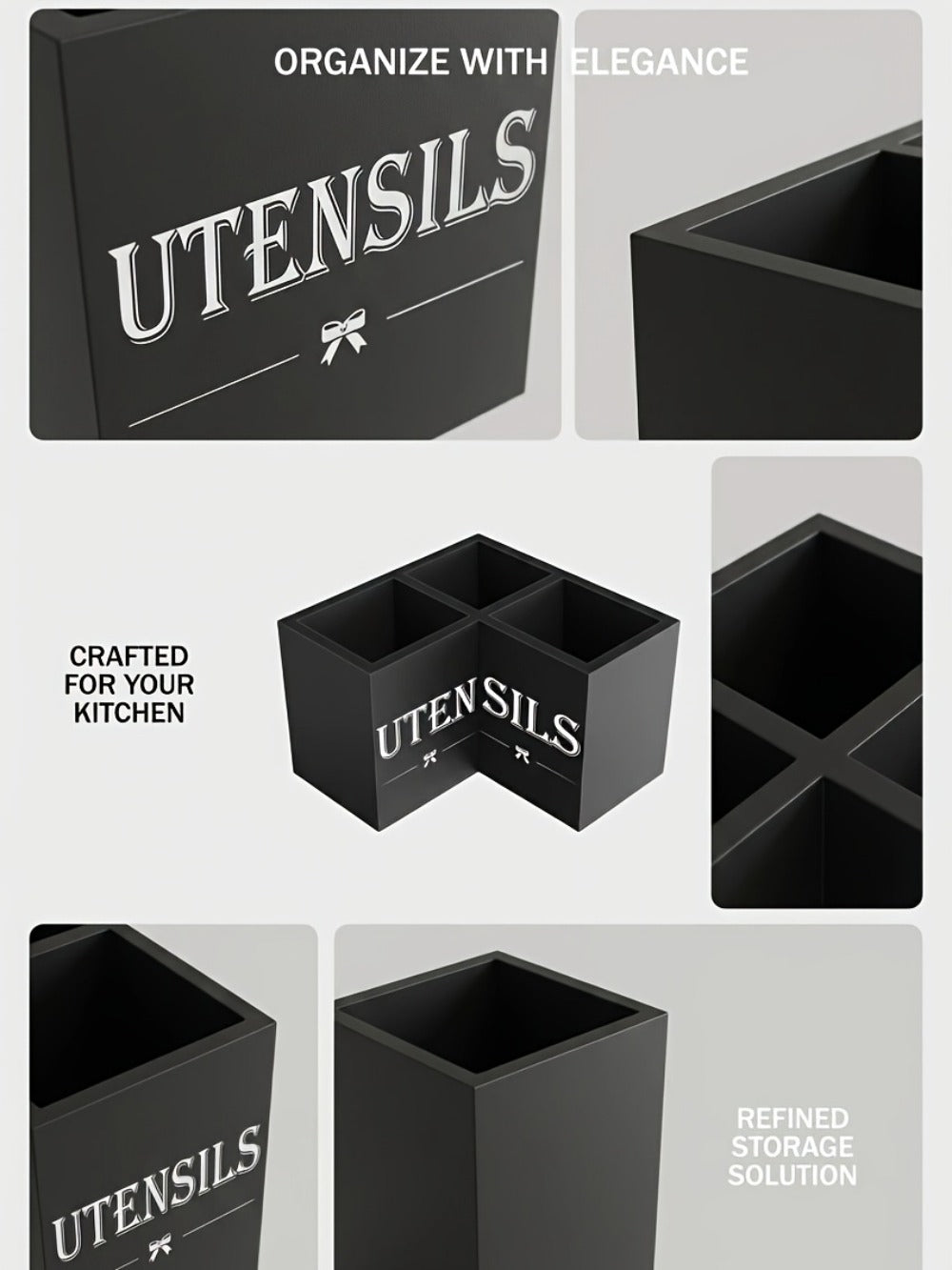 Utensil Caddy Kitchen Organizer 3-Compartment Solid Wood Countertop Holder in Black Farmhouse Style