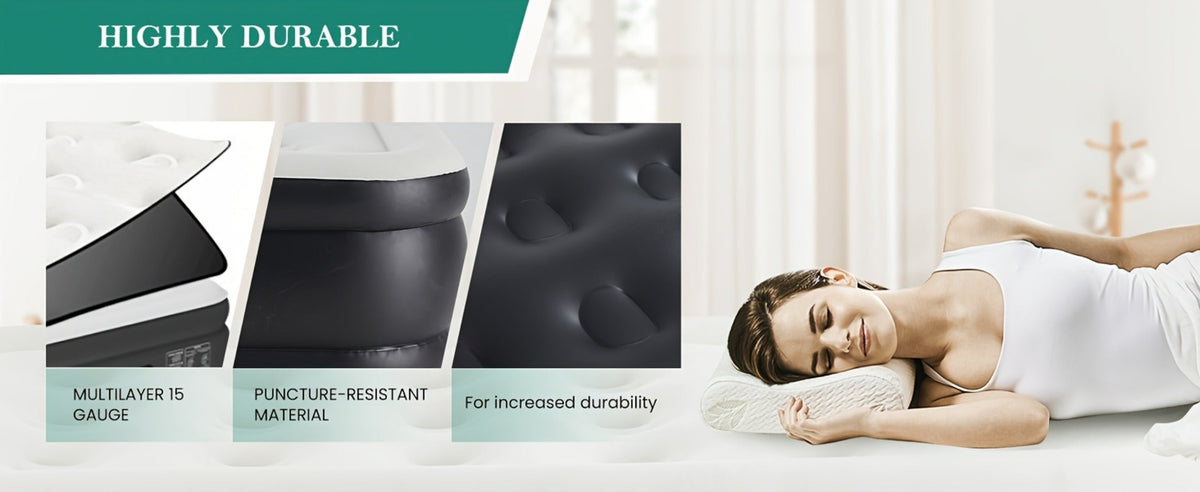 Air Mattress with Double-Height Profile and Side Inflation Panel in 75 × 39 or 80 × 60-Inch Options