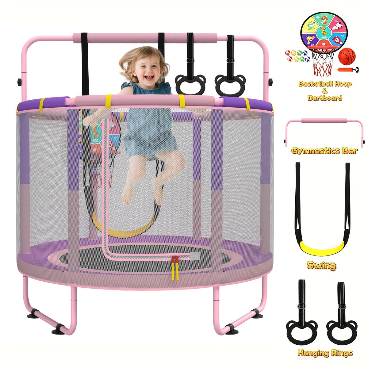 60 Inch Kids Trampoline 6-in-1 with Safety Net Enclosure, Basketball Hoop, Swing, Dart Board & Gymnastic Rings