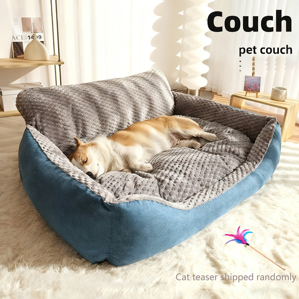 Blue-Gray Dog Bed Couch with Raised Back and Side Bolsters in Four Sizes, Plus One Random Cat Teaser