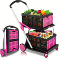 Collapsible Utility Cart Foldable Shopping Trolley 4-Wheel 360° Swivel Locking Brake Portable Dolly for Grocery Mall Camping Pink Purple