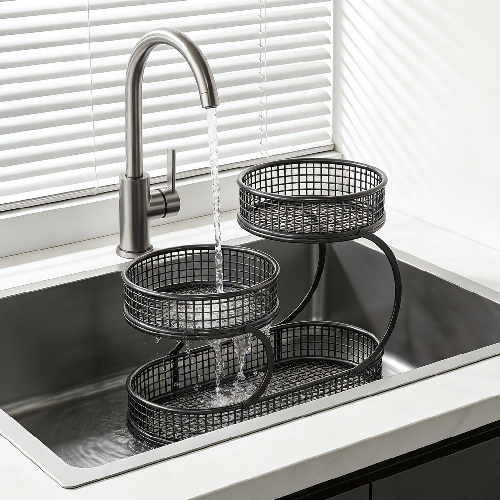 Three-Level Black Wire Fruit Basket with Two Round Bowls and 15.75-Inch Rectangular Base Tray