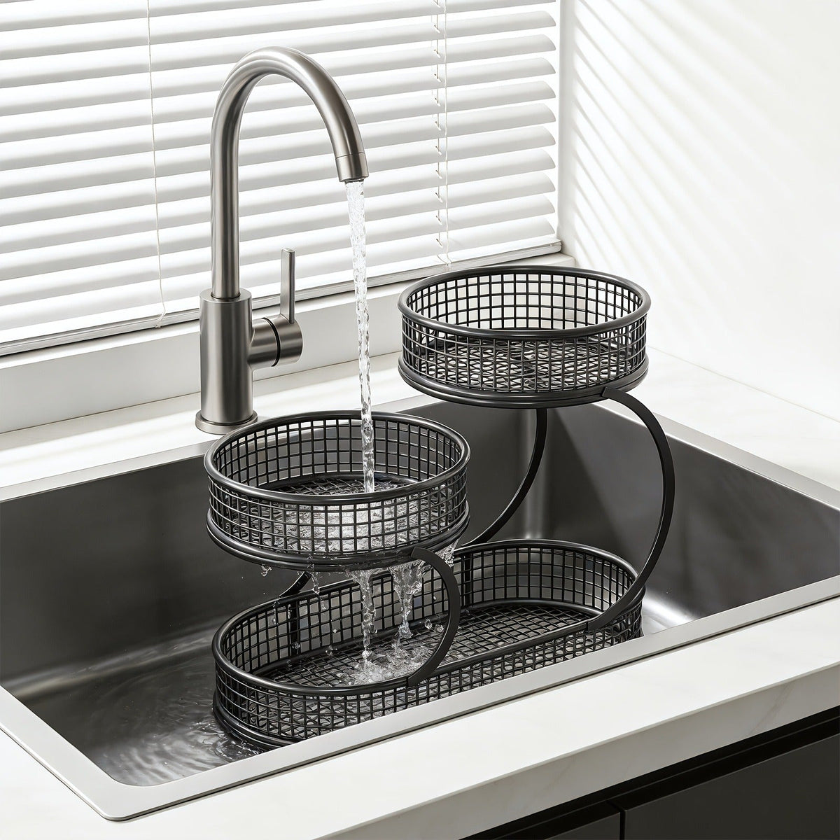 Three-Level Black Wire Fruit Basket with Two Round Bowls and 15.75-Inch Rectangular Base Tray